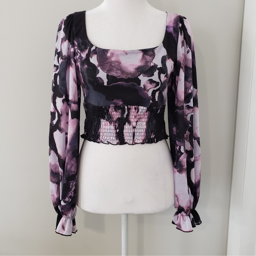 TOPSHOP Womens Open Back Crop Top SZ 4-6 Festival Hippie Boho Smocked Watercolor